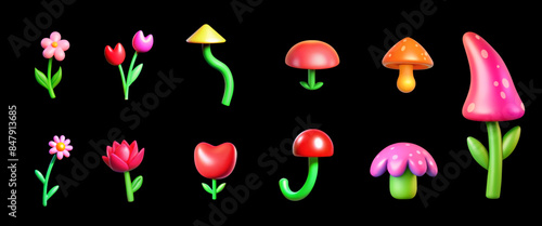 Colorful 3D rendered vector illustration collection flowers and mushrooms, abstract flowers, chamomile, toadstool isolated on black background