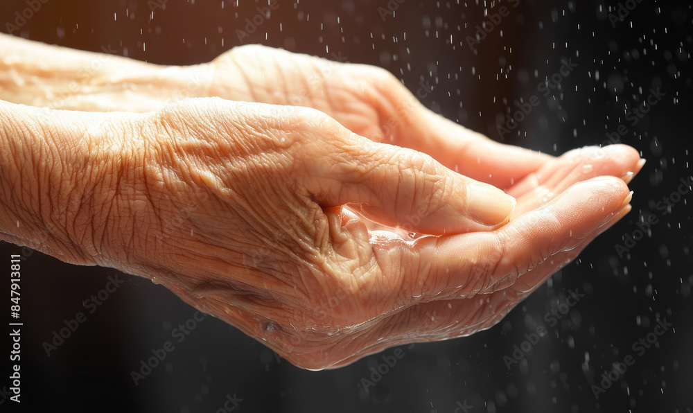 Elderly Fragile Hands Cupped Beneath Raindrop Shower - Concept of Protection, Care, Empathy for Aging and Need Elderly Fragile Hands Cupped Beneath Raindrop Shower - Concept of Protection, Care, Empathy for Aging and Need