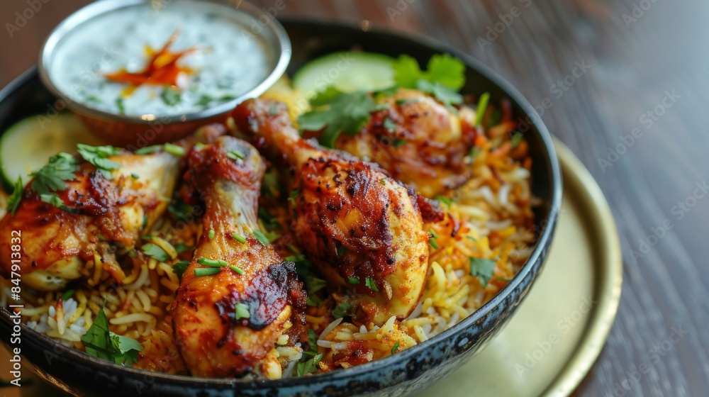 A mouthwatering plate of chicken biryani served with cucumber raita and spicy pickle. A mouthwatering plate of chicken biryani served with cucumber raita and spicy pickle.