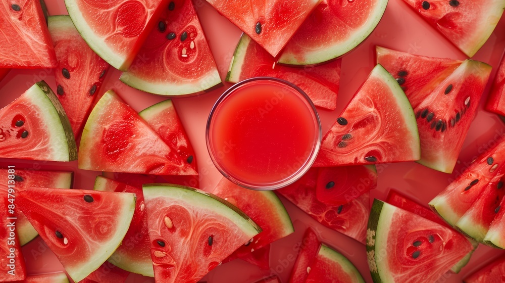 Refreshing Glass of Watermelon Juice Surrounded by Slices of Watermelon Refreshing Glass of Watermelon Juice Surrounded by Slices of Watermelon