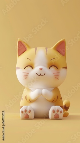 A cartoon cat sits with a happy expression on a yellow background