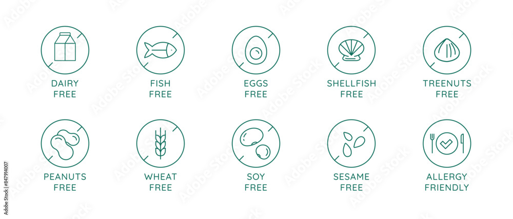 Vector set of design elements, badges and icons for food packaging in mono linear style - dairy free, nuts free, eggs free, soy free, allergy friendly... Vector set of design elements, badges and icons for food packaging in mono linear style - dairy free, nuts free, eggs free, soy free, allergy friendly...