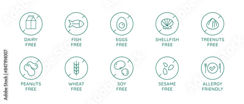 Vector set of design elements, badges and icons for food packaging in mono linear style - dairy free, nuts free, eggs free, soy free, allergy friendly...