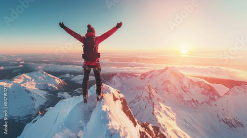 Person standing triumphantly on the summit of a snow-capped mountain at sunrise, arms raised in victory, with a panoramic view and a vibrant sky, bucket list lifestyle concept 