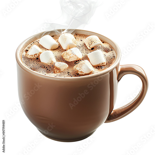 Hot steaming mug of hot chocolate topped with marshmallows, perfect for a cozy winter evening or a tasty sweet treat.