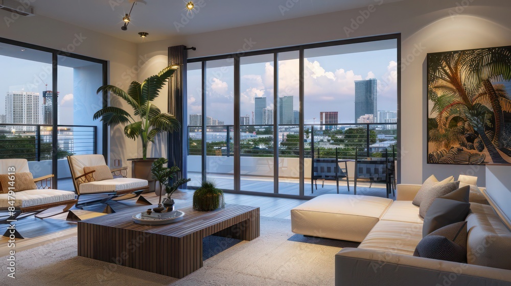 Fototapeta premium stylish urban condo with a modern design, balcony, and city skyline views