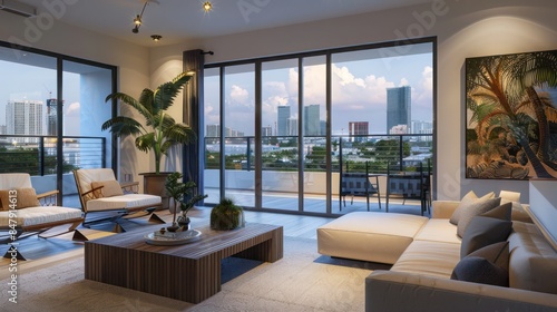 stylish urban condo with a modern design, balcony, and city skyline views © Aeman