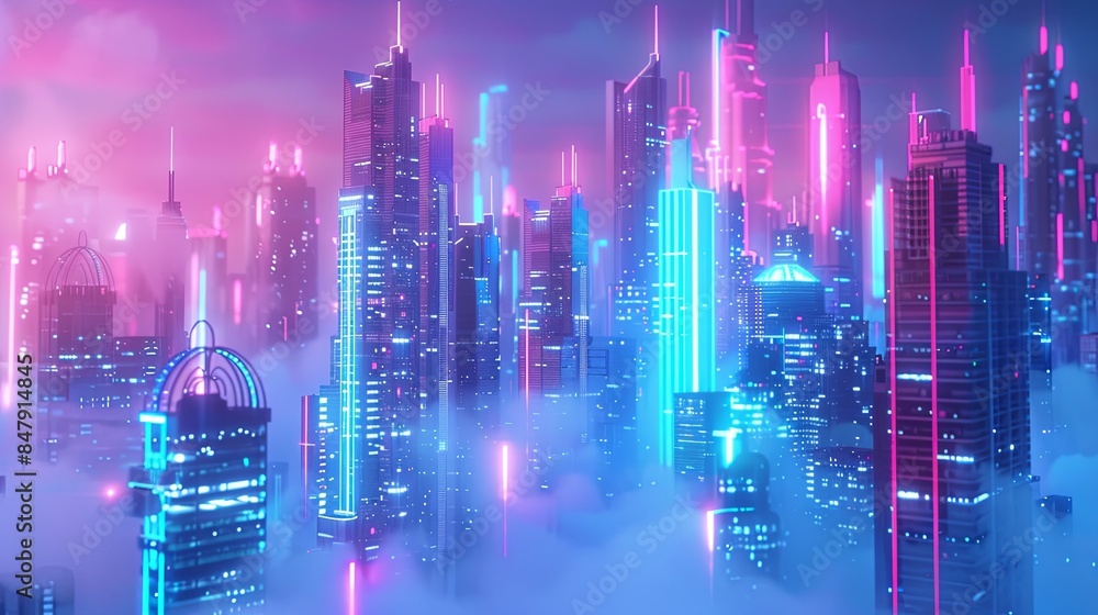 pink blue neon cityscape