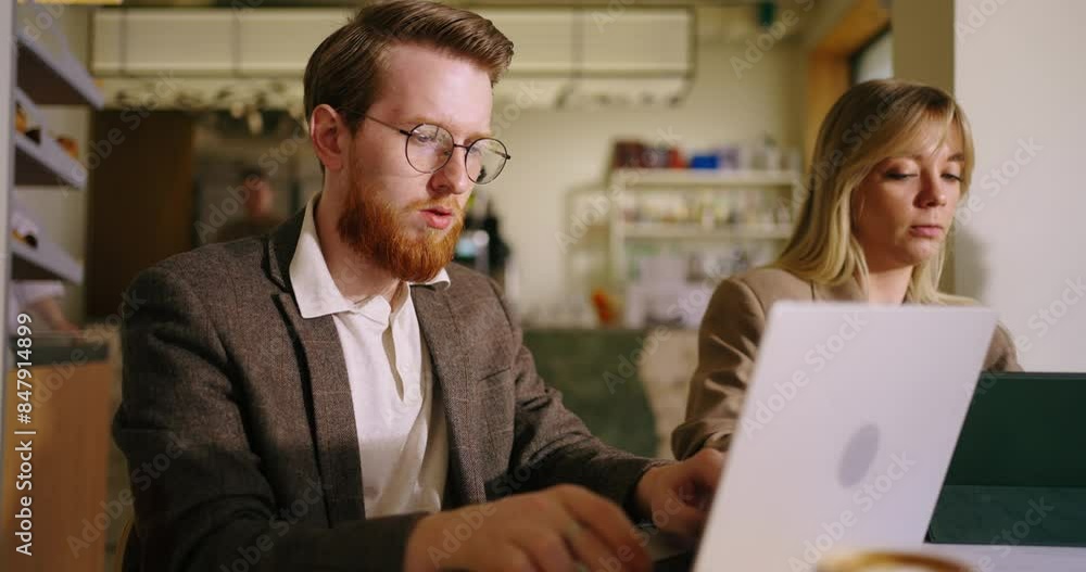 Multinational Group Of Co-Workers Working On International Project, Portrait Of Red Bearded Man Multinational Group Of Co-Workers Working On International Project, Portrait Of Red Bearded Man
