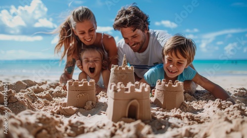 A family of four enjoys building sandcastles on a sunny beach