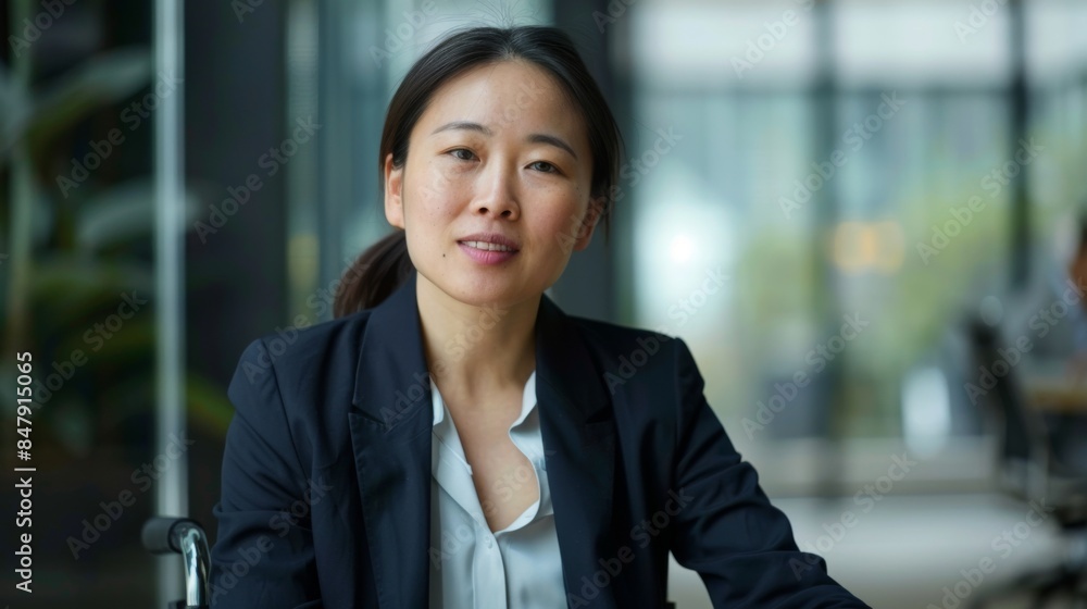 A woman in a business suit smiles in a modern office space A woman in a business suit smiles in a modern office space