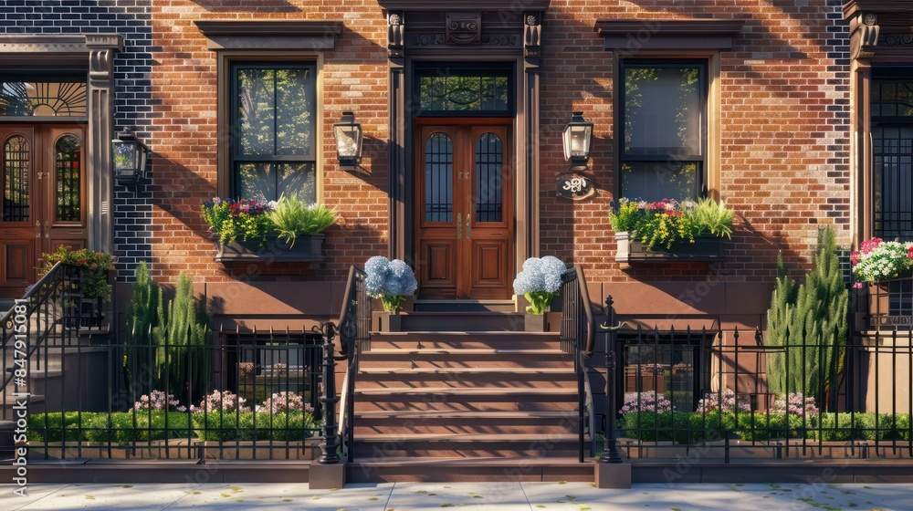 traditional brick townhouse with a classic facade, iron railings, and flower boxes traditional brick townhouse with a classic facade, iron railings, and flower boxes