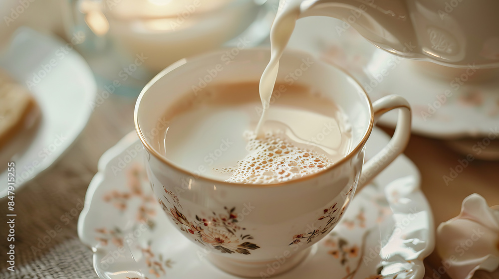 Close-up of milk being poured into a cup of tea Close-up of milk being poured into a cup of tea