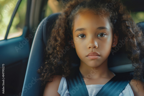 Mixed race girl sitting in car seat looking at camera photo