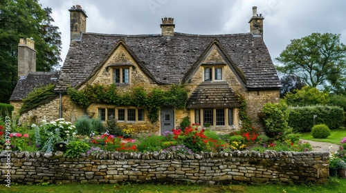 traditional English countryside cottage with stone walls, a thatched roof, and a flower garden