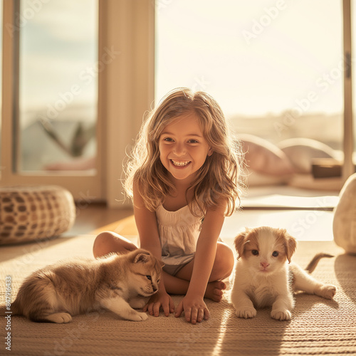 A young girl laughs with de...
