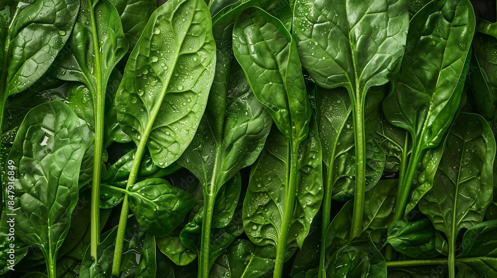 Fototapeta premium Fresh Spinach Leaves with Dew Drops, Lush Greenery, Healthy Vegetable Background
