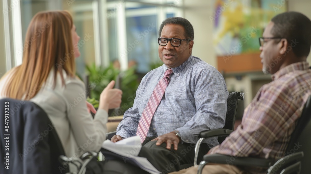 Three people engage in conversation while sitting in wheelchairs Three people engage in conversation while sitting in wheelchairs
