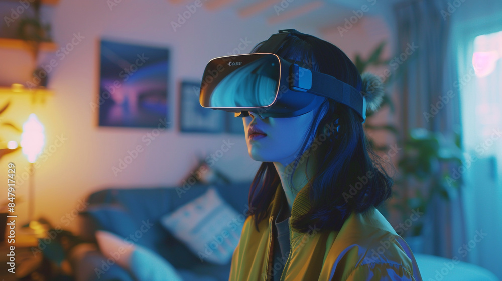 A girl wearing virtual reality glasses sits in her room, immersed in a cyber world showcasing future technologies, innovative human inventions, and AI advancements. A girl wearing virtual reality glasses sits in her room, immersed in a cyber world showcasing future technologies, innovative human inventions, and AI advancements.