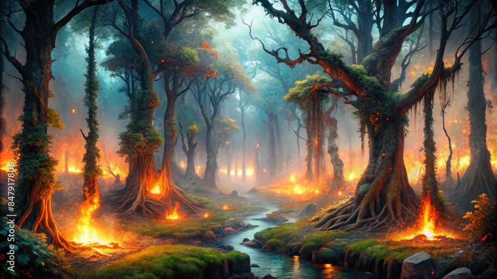 A mystical forest with glowing lights and a serene stream.