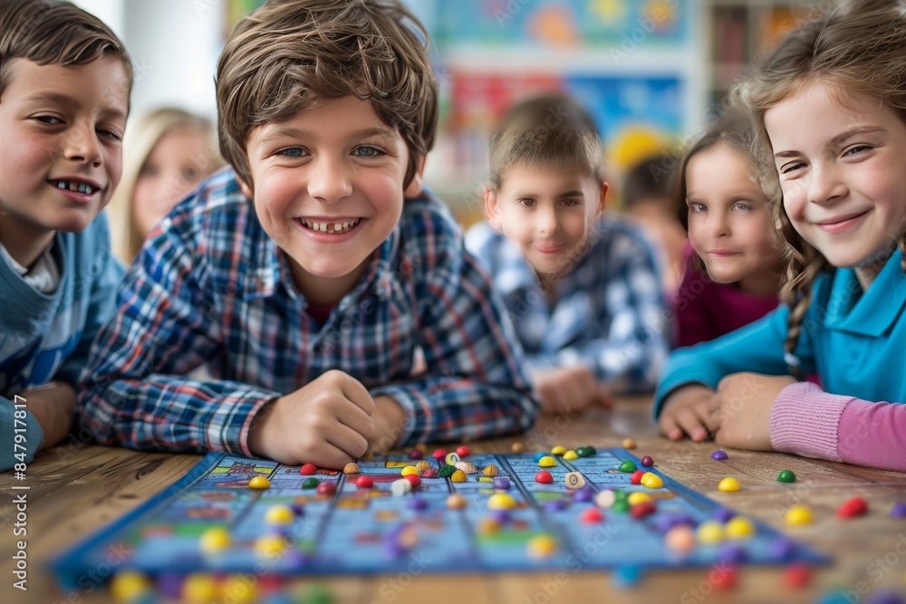 Smiling Boy Plays Board Game With Friends in Classroom Smiling Boy Plays Board Game With Friends in Classroom