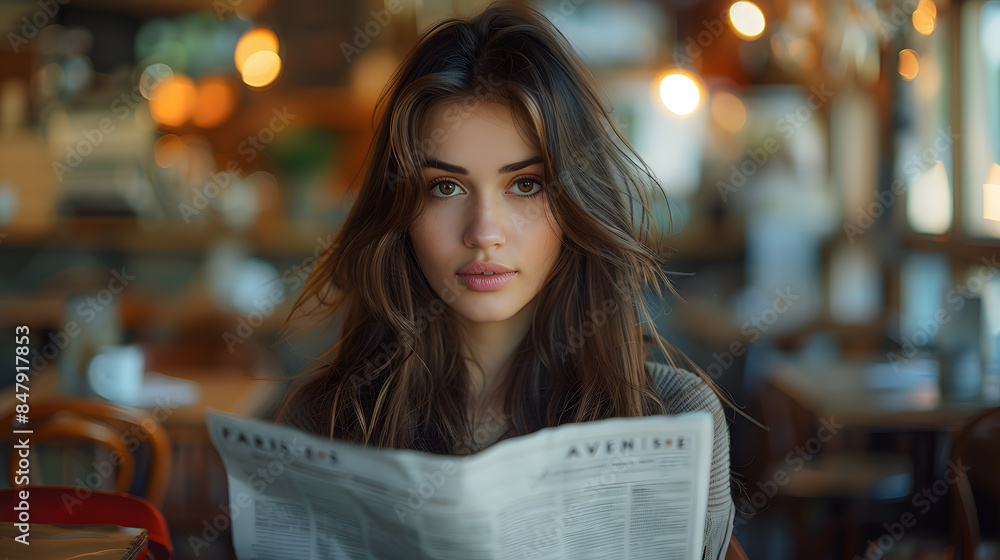 Fototapeta premium Young businesswoman reading the daily newspaper
