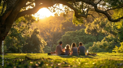 Fototapeta Naklejka Na Ścianę i Meble -  A family of four enjoys a peaceful picnic under a large tree, bathed in the golden light of the setting sun