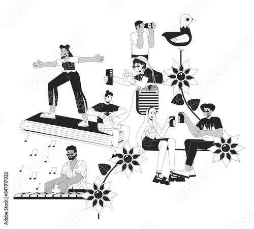 Diverse people hobbies black and white 2D illustration concept. Multiethnic adults leisure activities cartoon outline characters isolated on white. Lifestyle metaphor monochrome vector art