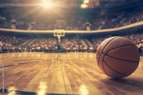 Basketball on court with stadium background