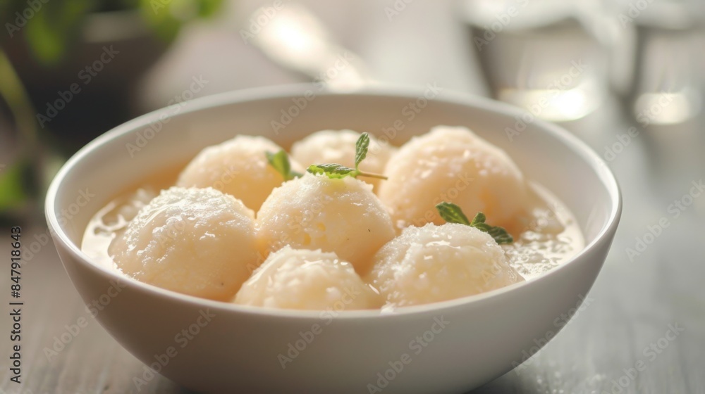 A tempting bowl of rasgulla, a popular Indian sweet made with paneer balls soaked in sugar syrup. A tempting bowl of rasgulla, a popular Indian sweet made with paneer balls soaked in sugar syrup.