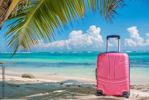 Pink suitcase on a tropical beach with palm tree, turquoise sea, and blue sky in the background © ALEXSTUDIO