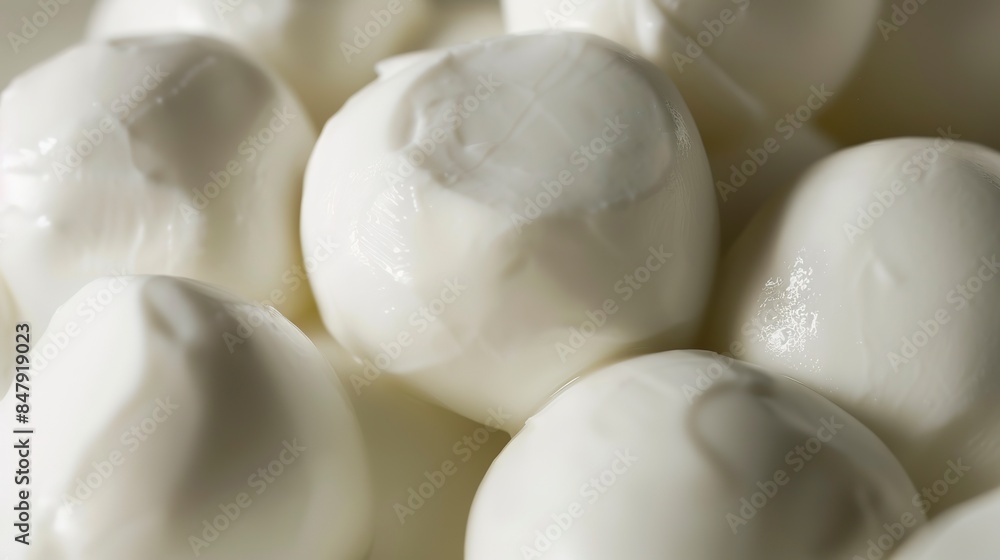 Detailed shot of a cluster of fresh mozzarella balls, smooth surfaces and milky white color, soft light, detailed and fresh. Detailed shot of a cluster of fresh mozzarella balls, smooth surfaces and milky white color, soft light, detailed and fresh.