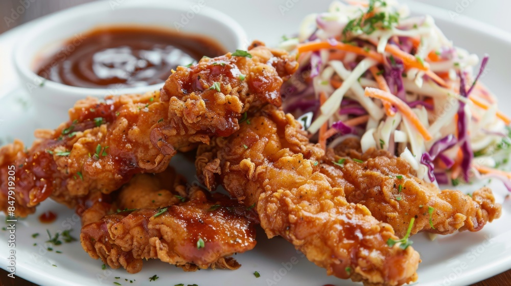 A tempting plate of crispy chicken tenders served with barbecue sauce and a side of coleslaw. A tempting plate of crispy chicken tenders served with barbecue sauce and a side of coleslaw.