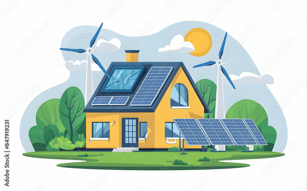 Naklejka premium Smart home with solar panels and wind turbines