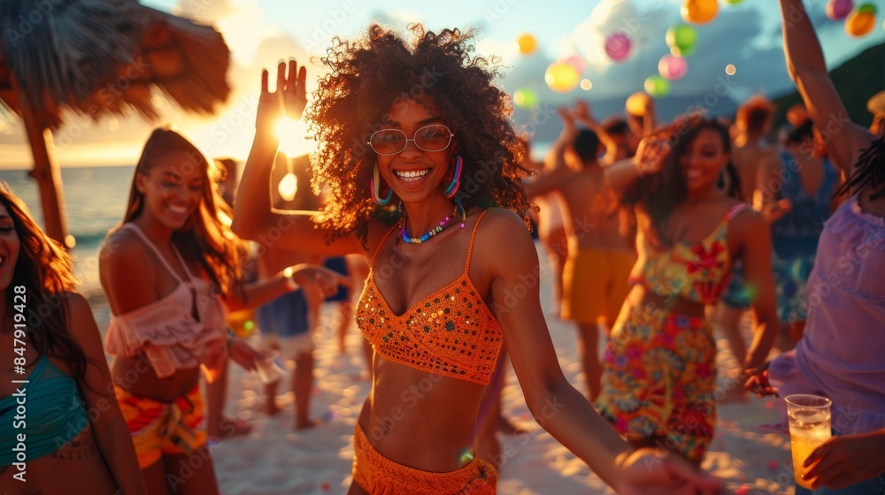 Group of friends dance and celebrate at a beach party during sunset
