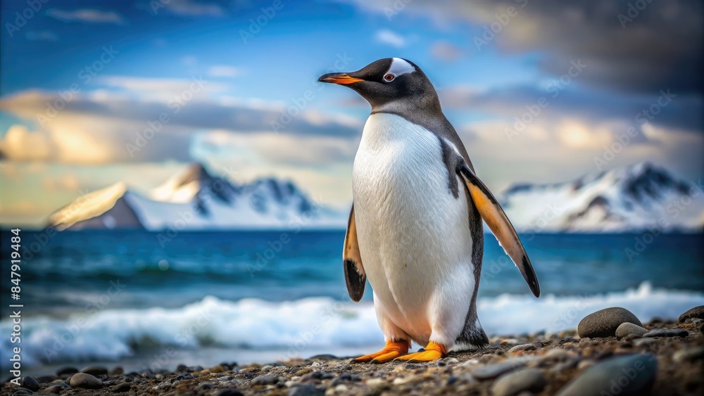 Naklejka premium Penguin standing on a rocky shore with ocean waves.