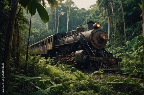 old steam locomotive forgotten in the forest, a Weathered old train car surrounded by dense foliage in a mysterious forest photo