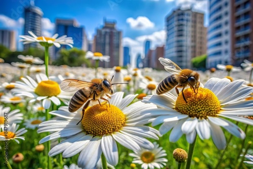 honey bee pollinate daisy flower in city urban garden background