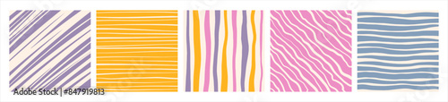 Hand drawn artistic irregular stripes, hatching backgrounds set, collection. Uneven streaks, doodle strips, bars, wavy lines, waves, pinstripes patterns. Colorful brush drawn striped square templates.
