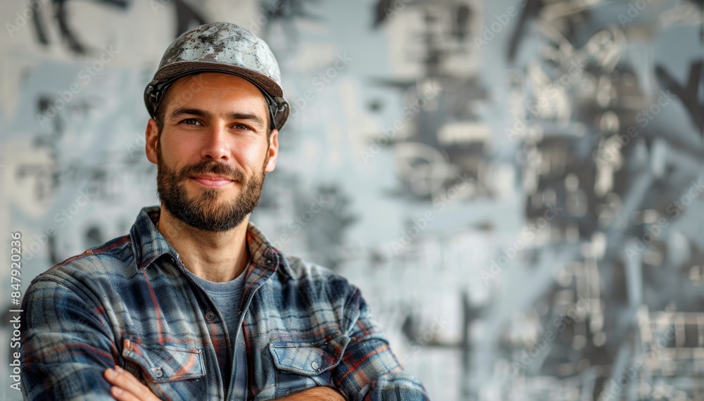 Smiling construction worker in hard hat and plaid shirt Smiling construction worker in hard hat and plaid shirt