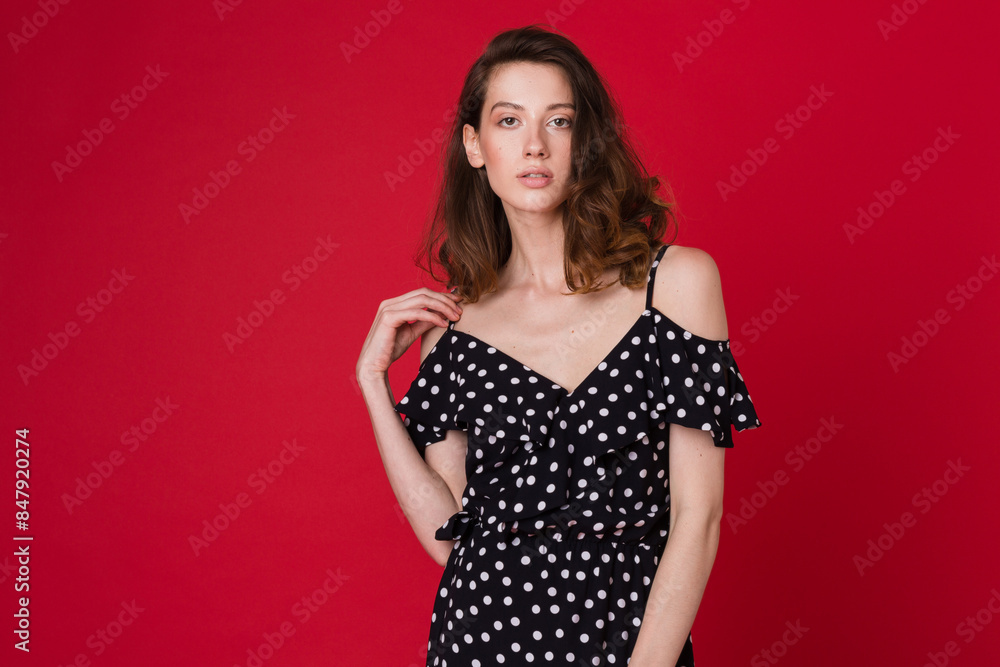 stylish woman in summer fashion trend dress on red background stylish woman in summer fashion trend dress on red background