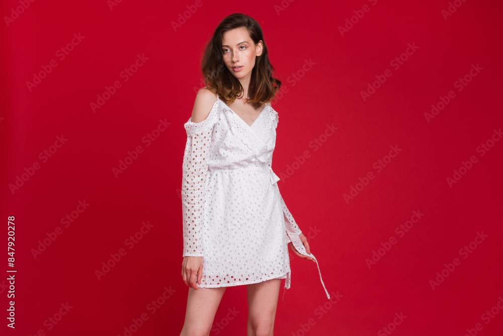 stylish woman in summer fashion trend dress on red background stylish woman in summer fashion trend dress on red background