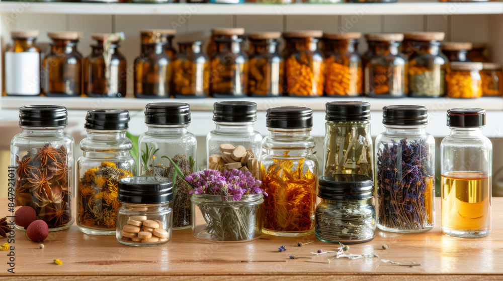 Assorted Healing Herbs and Natural Remedies in Glass Jars. Herbal Medicine and Wellness Concept Assorted Healing Herbs and Natural Remedies in Glass Jars. Herbal Medicine and Wellness Concept