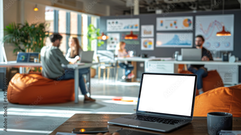 Laptop on a Wooden Table in a Modern Office. A laptop sits open on a table in a modern office with bean bag chairs. Laptop on a Wooden Table in a Modern Office. A laptop sits open on a table in a modern office with bean bag chairs.