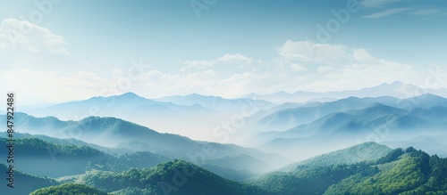 Natural high angle panoramic background With an atmosphere surrounded by mountains and trees with a blurred wind cool. Creative banner. Copyspace image