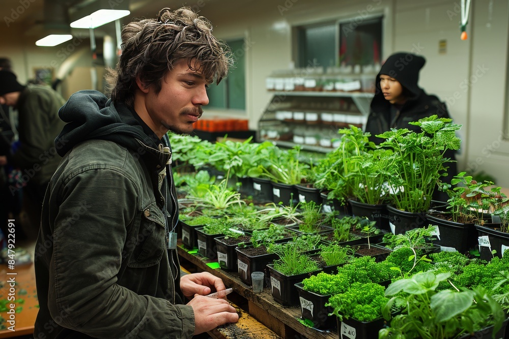 Man Examining Seedlings in Indoor Garden Center Man Examining Seedlings in Indoor Garden Center