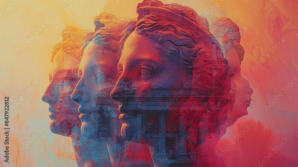 Fototapeta premium Risograph print travel poster illustration of marble statues, Italy, Rome, Italian, city, modern, isolated, clear and simple. Artistic, stylistic, screen printing, stencil digital duplication
