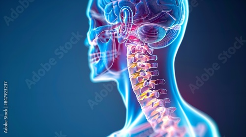 A digital illustration showing the anatomical structures of the human head and neck, including the skull, spine, and nerves photo