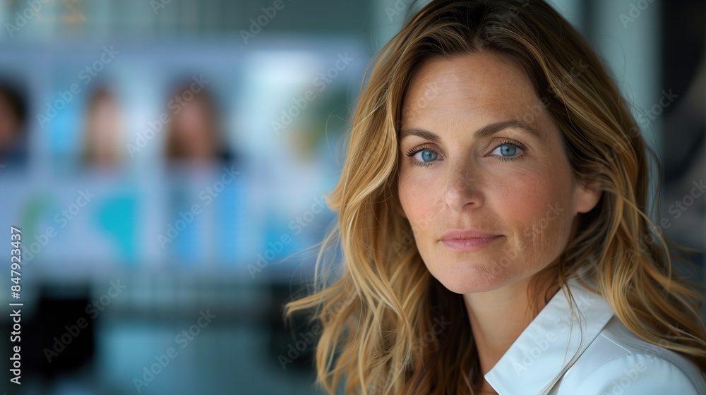 Confident Businesswoman with Wavy Hair in Modern Office, Professional and Focused on Data Analysis
Confident Businesswoman with Wavy Hair in Modern Office, Professional and Focused on Data Analysis