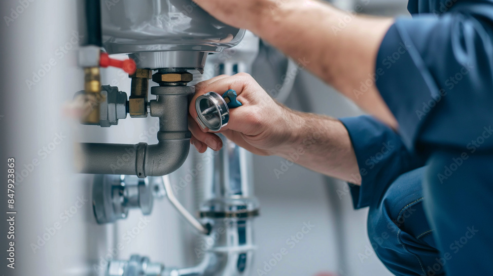 Technician or plumber's hands repairing broken pipes in a toilet Technician or plumber's hands repairing broken pipes in a toilet
